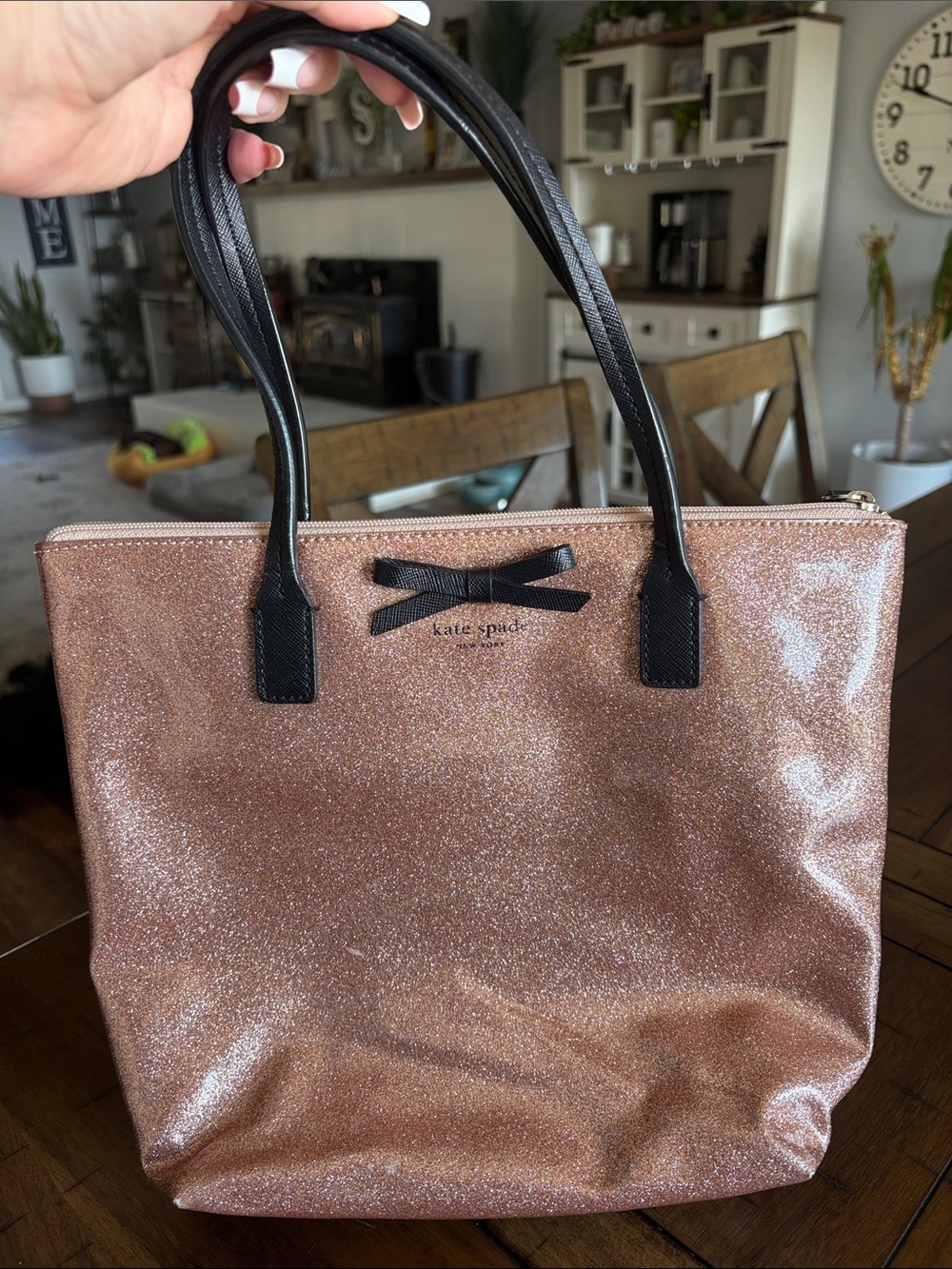 kate spade Glitter Tote in Rose Gold with Black Trim